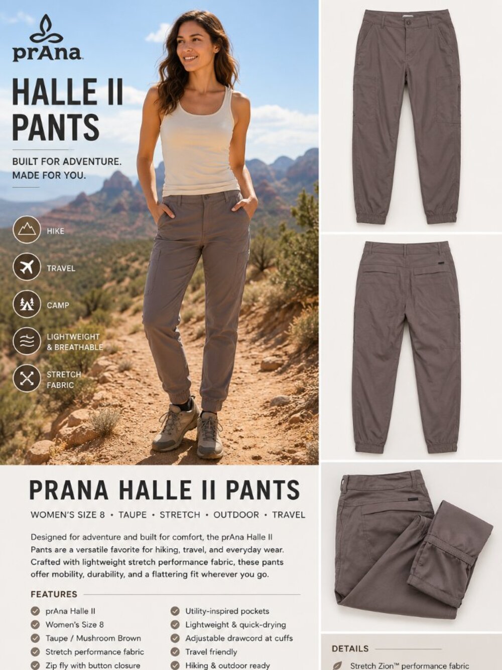 prAna Halle II Pants Womens 8 Taupe Stretch Hiking Travel Utility Performance